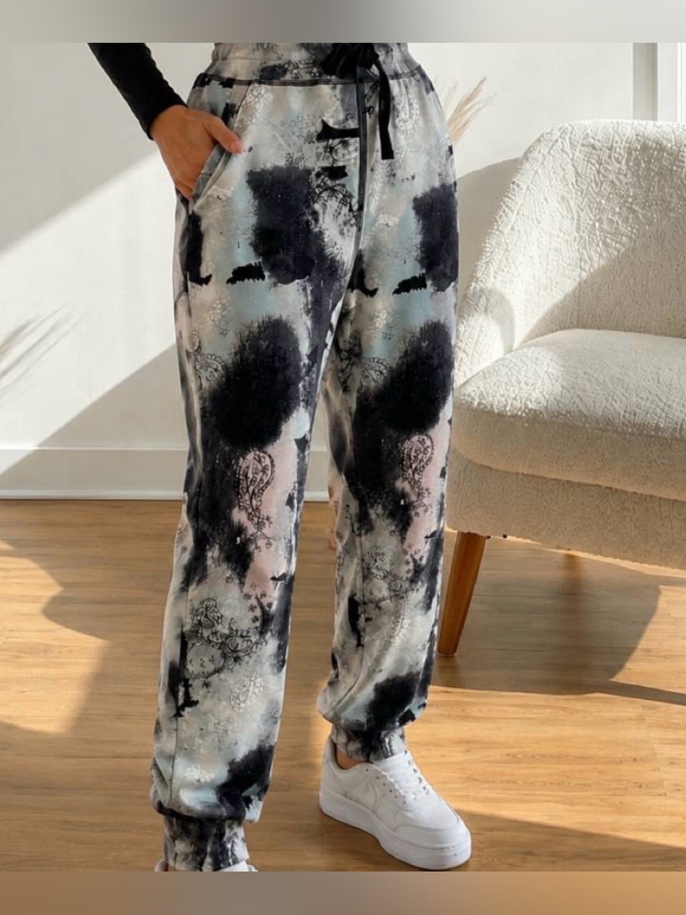 Nine West Relaxed Tie-Dye Jogger Jeans in Black, Gray, and Pink